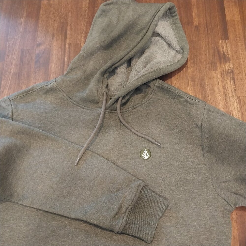 VOLCOM Hoodie Sweatshirt Mens Small Olive Green Logo Pullover Front Pocket Casua